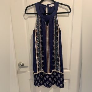 THML Women’s Small Navy Blue Embroidered Dress Knee Length V-Chest Cut Casual